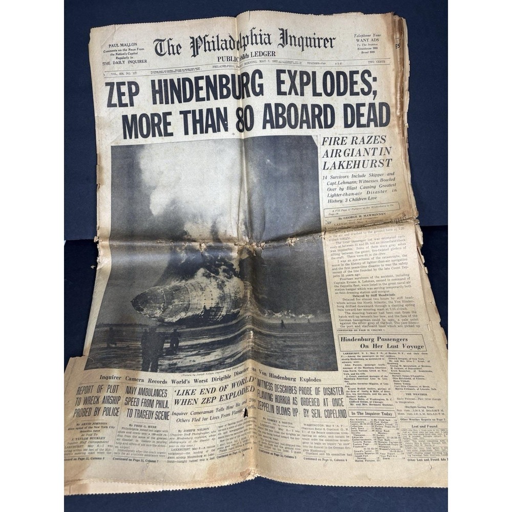 1937 Philadelphia Record Hindenburg Disaster Newspaper May 7 Original AS IS